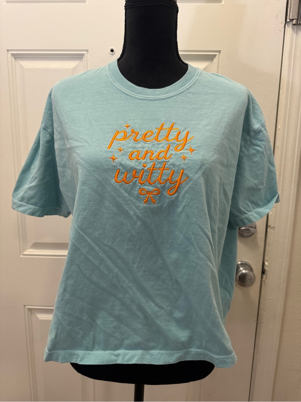 Comfort Colors Light Blue Tee with Orange Embroidered 'Pretty and Witty' 0418